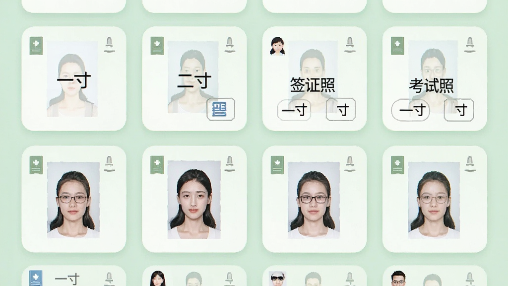 证件照管理软件尺寸模板选择界面,屏幕上以网格形式排列着多个证件照规格卡片,每张卡片上标注着