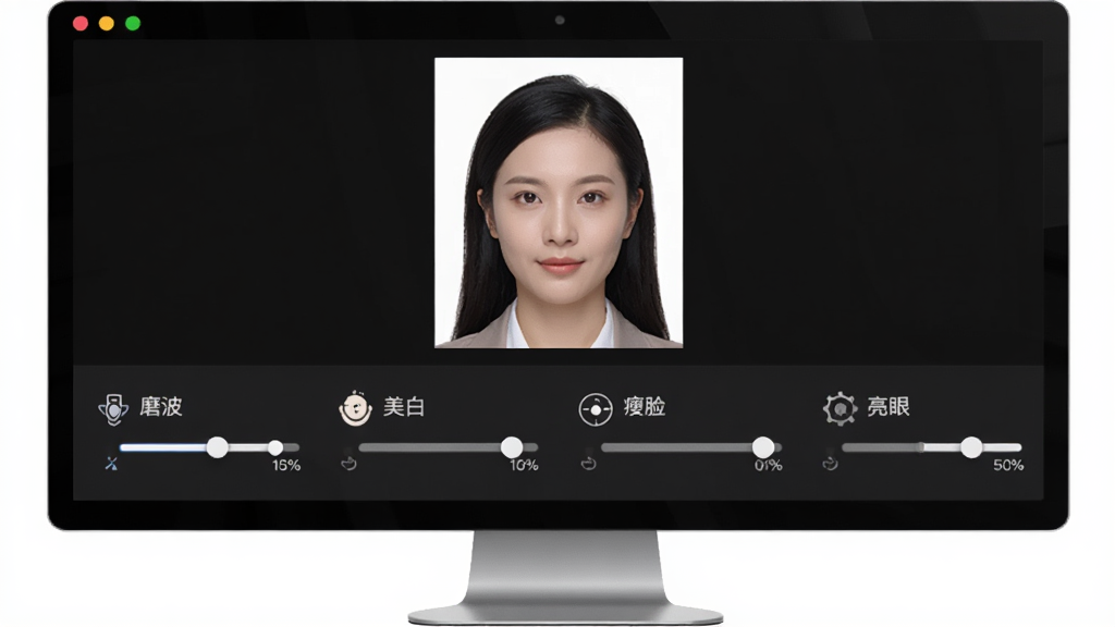 证件照管理软件美颜调节面板界面,屏幕上方显示一张人物证件照预览,下方排列着磨皮、美白、瘦脸、亮眼等滑动调节条,每个调节条带有图标和百分比数值,界面采用深色背景搭配白色文字,风格专业简洁,画面干净无杂乱元素