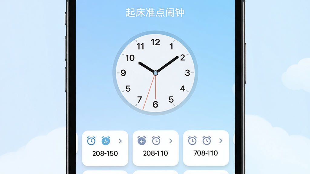 起床准点闹钟软件主界面展示,画面中央是一个圆形时钟图标,下方排列着多个闹钟时间卡片,背景为淡蓝色渐变,整体风格清新简洁,手机屏幕内显示“起床准点闹钟”文字,画面干净明亮,高清画质,无多余元素