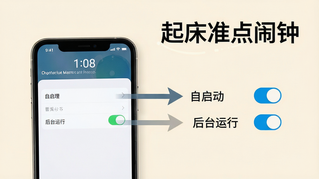 起床准点闹钟使用指南示意图,画面展示一部手机屏幕显示权限设置页面,旁边有箭头指向“自启动”和“后台运行”开关,背景为浅色,风格简洁明了,带有“起床准点闹钟”文字,高清画质,排版清晰,无多余元素