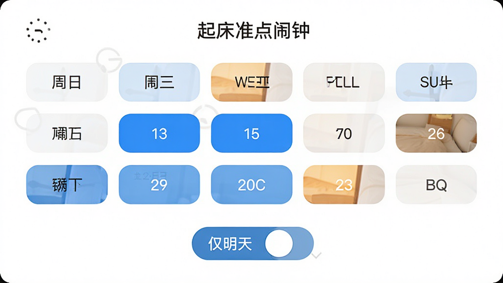 起床准点闹钟重复周期设置界面,画面展示一周七天的选择按钮,部分日期被高亮选中,下方有“仅明天”快捷开关,界面风格简洁现代,背景为白色,带有“起床准点闹钟”文字标识,高清画质,排版清晰,无多余元素