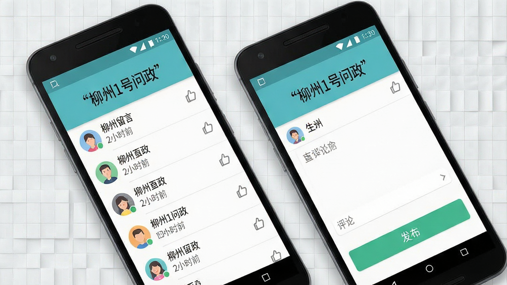 一张展示柳州1号互动社区界面的手机样机图,主体为两台并排的安卓手机,左侧手机显示问政留言列表,右侧手机显示评论输入框和发布按钮;布局为手机斜向排列,背景为浅灰色网格纹理;排版上手机屏幕内文字标题使用引号标注“柳州1号问政”;风格为扁平化UI设计展示,细节包含头像、点赞图标、时间戳;画质高清,干净无多余元素,整体色调清新。