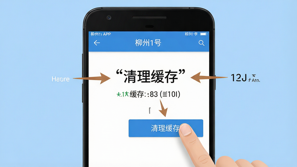 一张展示手机清理缓存操作步骤的示意图,主体为一部安卓手机,屏幕显示柳州1号APP的设置页面,手指正点击“清理缓存”按钮;布局为手机特写居中,背景为纯色浅蓝;排版上屏幕内文字使用引号标注“清理缓存”;风格为简洁教程图,细节包含箭头指示、缓存大小数字;画质高清,干净无多余元素。