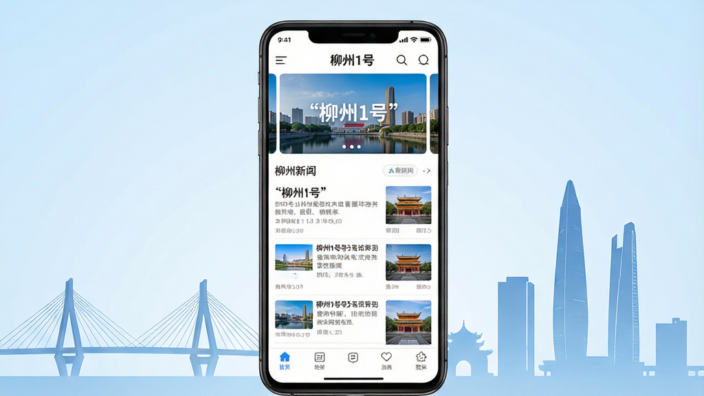 一张展示柳州1号APP核心界面的手机模型图,主体为一台竖屏安卓手机,屏幕内显示柳州1号新闻首页,包含顶部城市地标图片轮播、中部新闻信息流列表和底部导航栏;布局为手机居中放置,背景为淡蓝色渐变,四周点缀柳州城市剪影如文惠桥、地王大厦等元素;排版上手机屏幕内容清晰可见,文字标题使用引号标注“柳州1号”;风格为现代科技感与本地化结合,细节包含状态栏信号图标、时间显示、新闻缩略图;画质为高清2K,干净无多余元素,整体明亮通透。