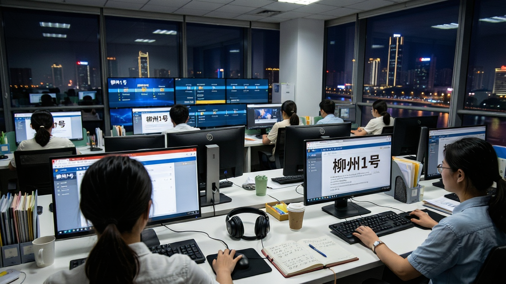 一张新闻编辑室场景的AI生成图,画面主体为多位编辑记者在电脑前忙碌工作,屏幕显示“柳州1号”稿件编辑界面;布局采用广角视角,前景为编辑背影,中景为多台显示器拼接的新闻时间轴,背景为柳州城市夜景落地窗;排版上屏幕文字“柳州1号”清晰可见;风格为纪实摄影风,细节包含键盘、耳机、笔记本等办公物品;画质高清,干净无多余元素,光线明亮自然。