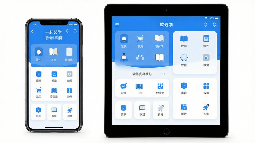 一起学 软件主界面 手机与平板 并排展示 学习应用 界面清爽 蓝白配色 功能模块清晰 图标整齐 现代教育科技风格 画面干净 高清画质 无多余元素
