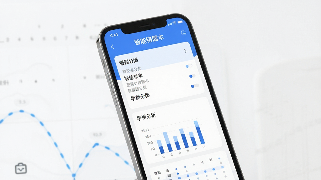 一起学 智能错题本 手机屏幕 显示错题分类 学情分析图表 蓝色数据可视化 干净背景 教育软件界面 高清画质 无多余元素