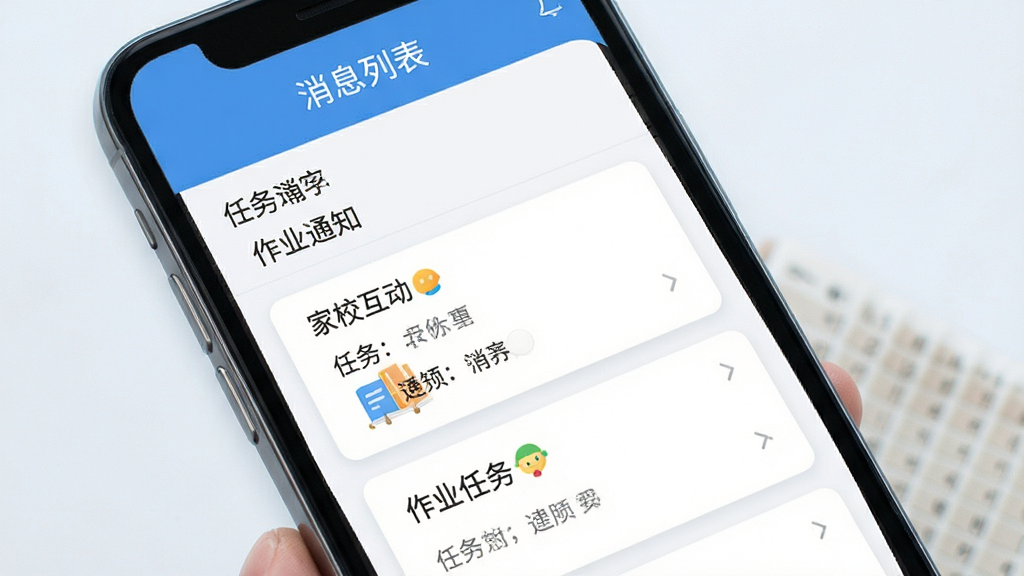 一起学 家校互动 消息列表 作业通知 手机界面 蓝色主题 任务卡片 教育应用 干净排版 高清画质 无多余元素