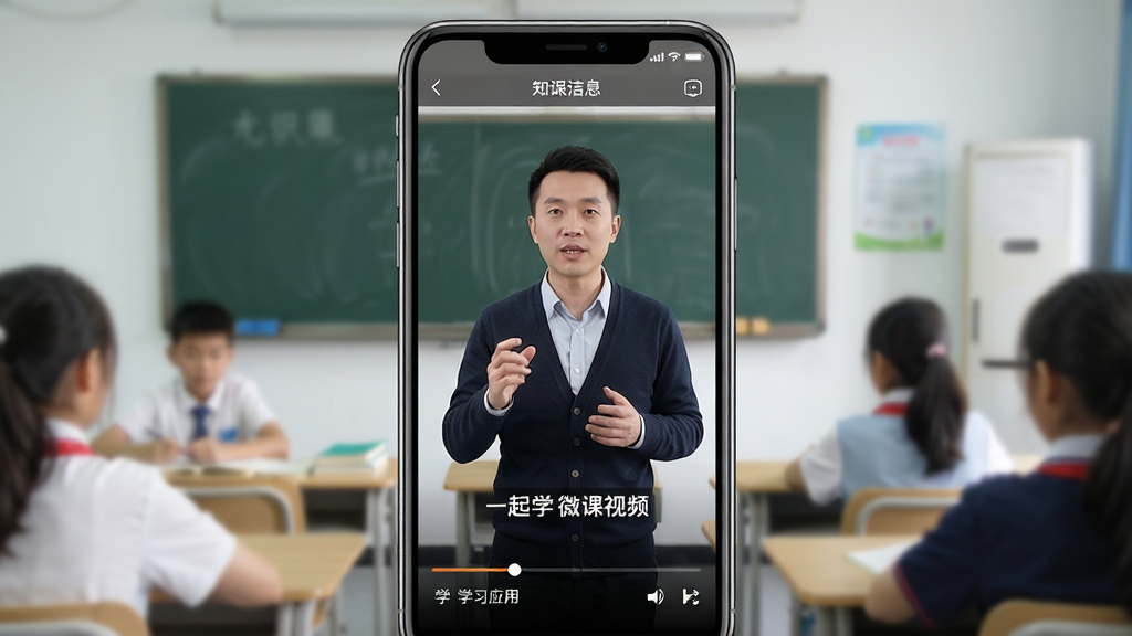 一起学 微课视频播放界面 手机竖屏 教师讲解画面 知识点字幕 进度条 学习应用 简洁布局 高清画质 无多余元素