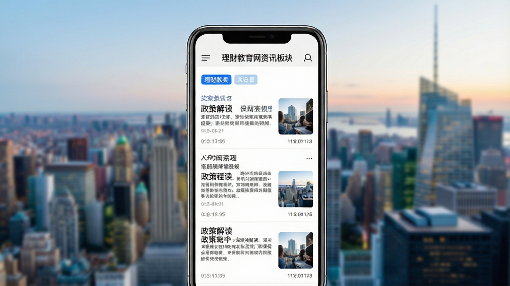 一张展示理财教育网资讯板块的场景图,画面主体为手机屏幕,屏幕内显示资讯列表与政策解读文章标题,背景为城市天际线虚化效果,布局为居中构图,风格为现代资讯风,细节包括屏幕内的蓝色标签分类、时间戳和缩略图,画质清晰,画面干净,无多余元素