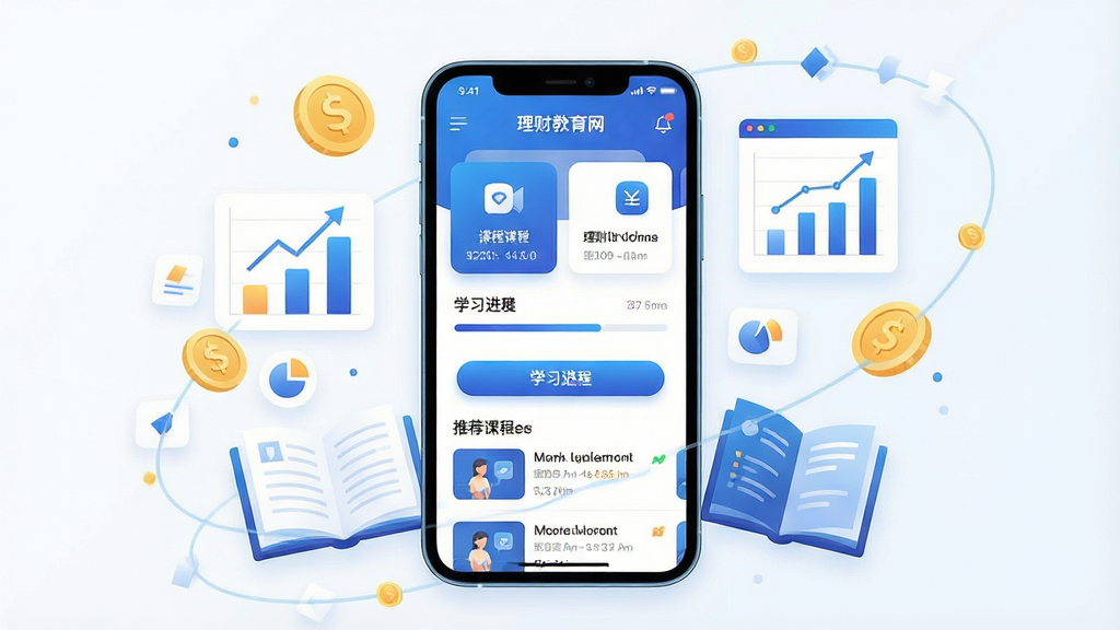 一张展示理财教育网手机应用界面的场景图,画面中央是一部竖屏智能手机,屏幕内显示理财教育网APP首页,包含课程分类卡片、学习进度条与推荐课程列表,手机周围环绕金币、图表、书本等金融教育元素,整体布局居中对称,风格为现代扁平化科技风,色调以蓝色和白色为主,细节包括渐变按钮、圆角卡片和简洁图标,画质高清,画面干净,无多余元素