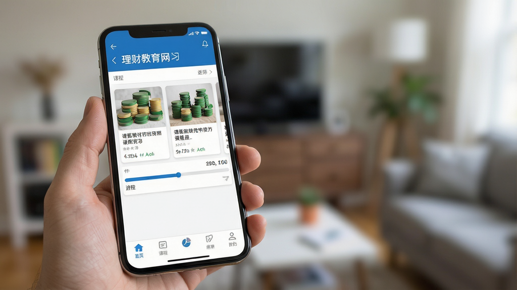 一张展示理财教育网在手机上正常运行的学习界面截图,画面主体为手持手机的特写,屏幕内显示课程学习页面与进度条,背景为模糊的室内环境,布局为前景清晰后景虚化,风格为写实产品展示风,细节包括屏幕内的蓝色标题栏、课程卡片和底部导航栏,画质高清,画面干净,无多余元素