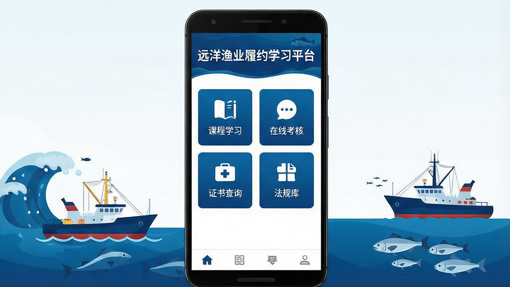 一张展示远洋渔业履约学习平台核心界面的手机应用预览图,画面中央为一部竖屏安卓手机,手机屏幕内显示蓝色海洋主题的学习平台首页,页面顶部有“远洋渔业履约学习平台”文字标题,中部排列着课程学习、在线考核、证书查询、法规库等功能图标,底部有导航栏;手机两侧点缀海浪、远洋渔船、鱼群等简洁插画元素;整体风格清爽专业,色彩以深蓝与白色为主,布局居中对称,细节干净利落,画质清晰,无多余杂乱元素。