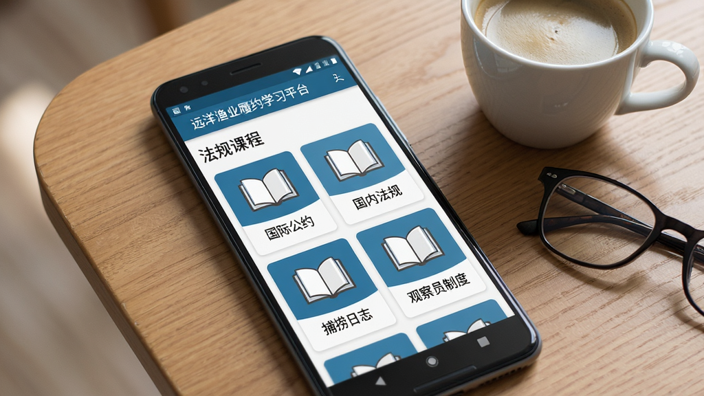 一部安卓手机屏幕中展示“远洋渔业履约学习平台”的法规课程列表页面,页面标题为“法规课程”,下方排列着多个课程卡片,卡片上标注“国际公约”“国内法规”“捕捞日志”“观察员制度”等文字,每个卡片配有翻开的书本图标;手机放置在木质桌面上,旁边有一杯咖啡和一副眼镜;画面风格为写实办公场景,光线柔和,布局简洁,画质清晰,无多余元素。