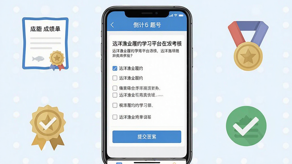 远洋渔业履约学习平台的在线考核界面截图,手机屏幕显示一道关于远洋渔业履约的多选题,题干文字清晰,下方有四个选项按钮,底部有“提交答案”按钮,屏幕上方显示倒计时和当前题号;手机周围环绕着成绩单、奖章、对勾等扁平化图标;整体风格为教育类应用界面,蓝白配色,排版整齐,画质干净,无杂乱背景。