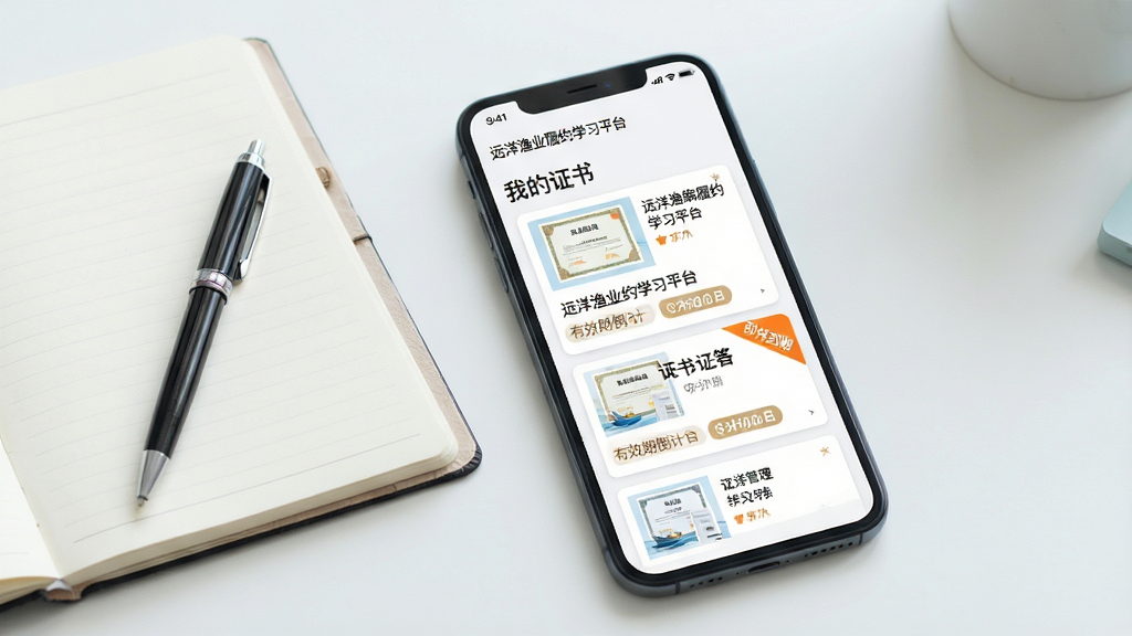 一部手机展示“远洋渔业履约学习平台”的证书管理页面,屏幕上方显示“我的证书”标题,下方列出多张证书卡片,每张卡片上有证书缩略图、证书名称和有效期倒计时标签,其中一张卡片带有橙色“即将到期”提醒角标;手机旁边放置着一本翻开的笔记本和一支笔;画面风格为清新办公场景,色调柔和,布局整洁,画质细腻,无多余装饰。