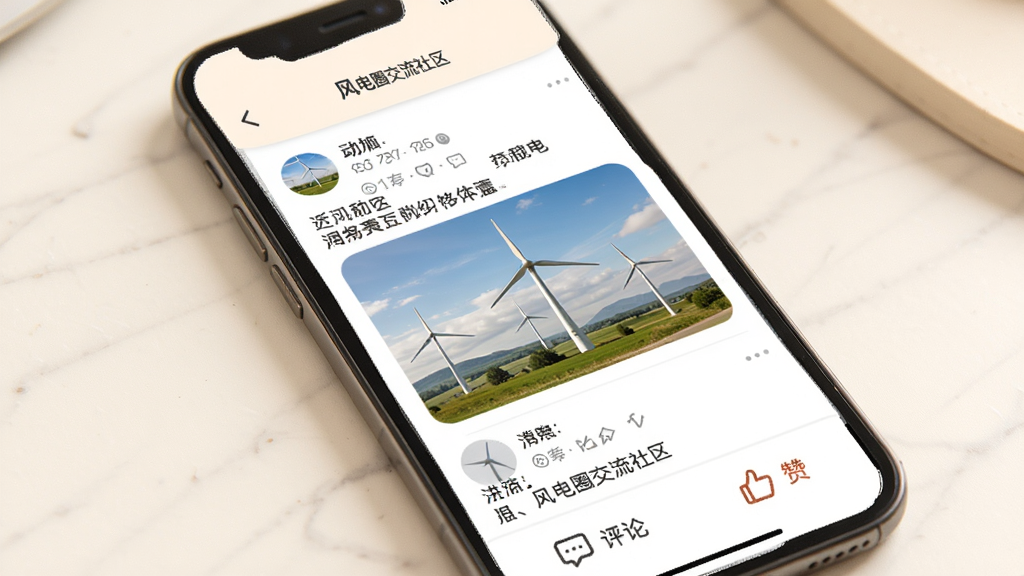 风电圈交流社区界面,手机屏幕显示用户动态信息流,包含文字和图片帖子,底部有评论和点赞按钮,背景为暖白色,风格温馨友好,画质清晰,干净无多余元素
