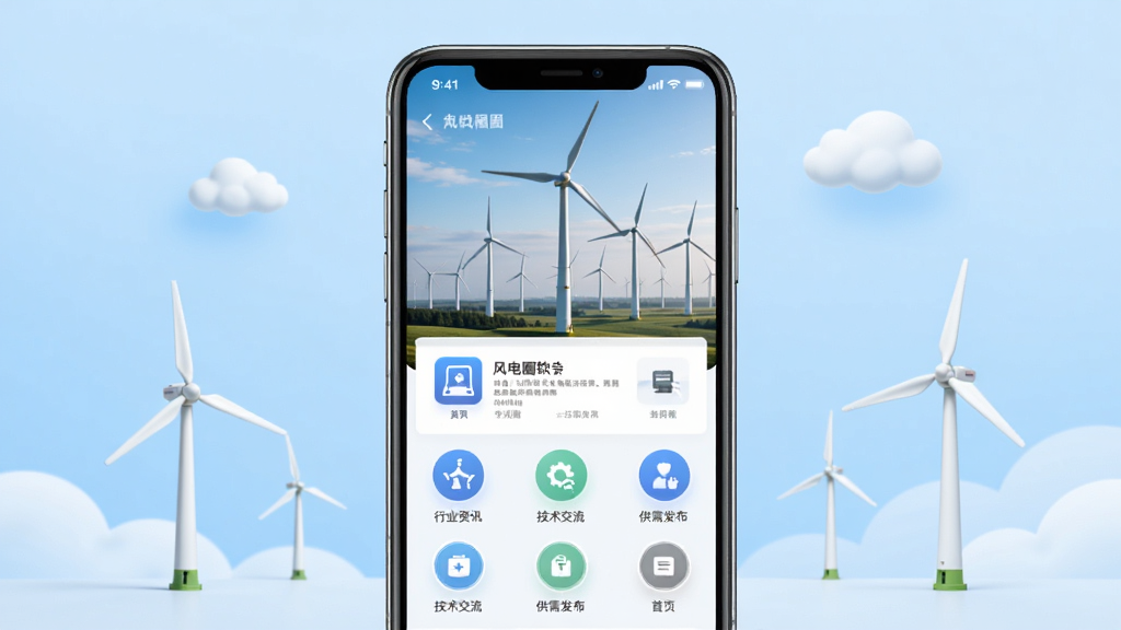 风电圈软件主界面展示,画面中央摆放一部智能手机,手机屏幕显示风电圈APP首页,页面上方有风力发电机群背景图,下方排列行业资讯、技术交流、供需发布等图标按钮,背景为浅蓝色渐变,周围环绕小型风力发电机和云朵元素,整体风格简洁清新,画质清晰,干净无多余元素