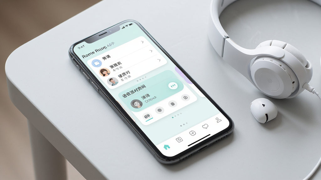 一张展示智能手机屏幕的图片,屏幕中显示柜子语音APP的主界面,界面布局为顶部是房间列表,中间是语音派对房间卡片,底部是导航栏,整体风格为清新浅色,画面干净整洁,手机放置在浅灰色桌面上,旁边有一副白色耳机,光线柔和,画质清晰,无多余元素