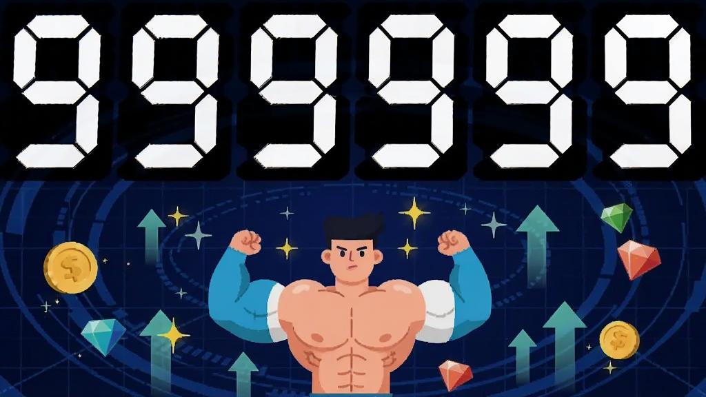 画面上方显示巨大的数字“999999”正在向上滚动,下方是一个小人角色正在不断变大变壮,周围环绕着向上飘的箭头和闪光特效,背景是深蓝色科技感网格,风格为扁平化插画,细节包含金币和宝石图标,画质清晰,干净,无多余元素