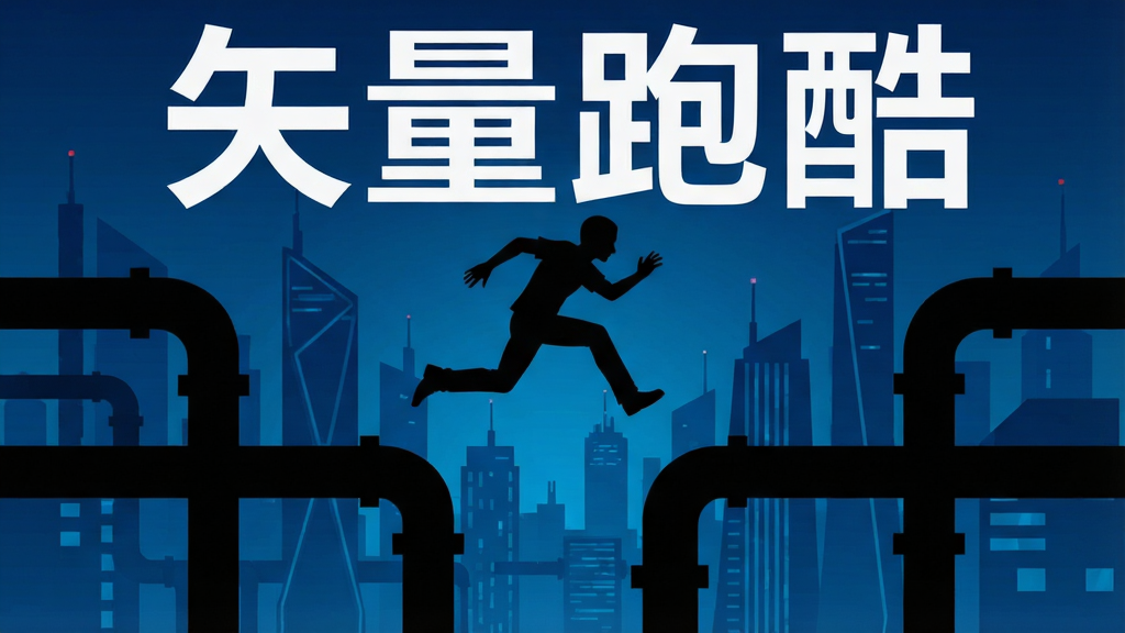 矢量跑酷剪影风格游戏画面,黑色人物轮廓在工业管道上飞跃,背景为深蓝色调的未来城市,画面中有