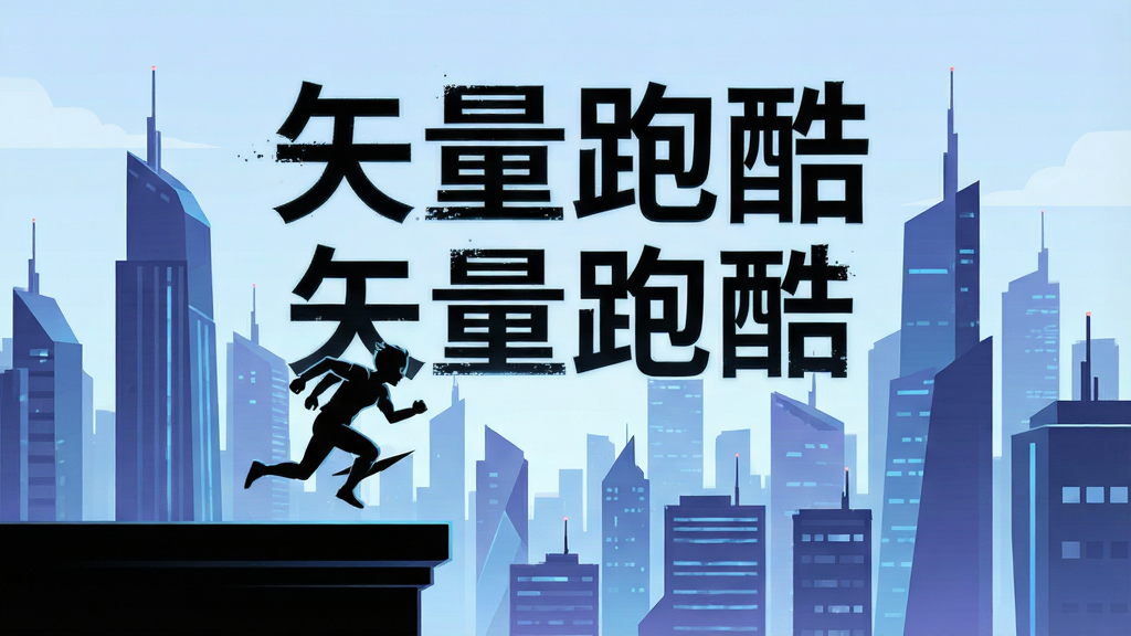 矢量跑酷游戏主界面,黑色剪影人物在高楼天台奔跑,背景是冷色调未来城市天际线,画面中央有