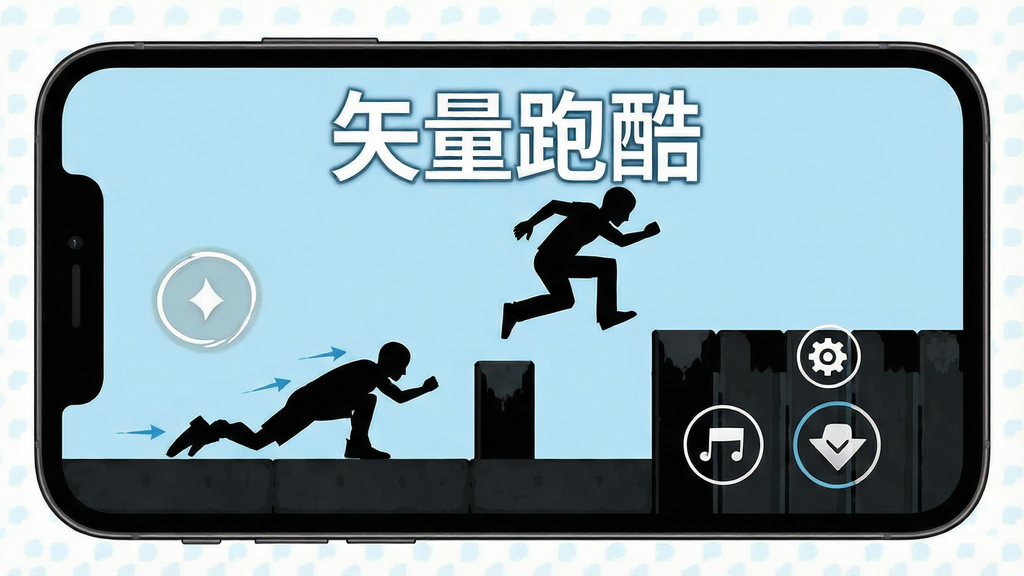 矢量跑酷新手操作示意图,手机屏幕显示滑铲和跳跃按键位置,黑色剪影人物在障碍物前准备起跳,画面标注