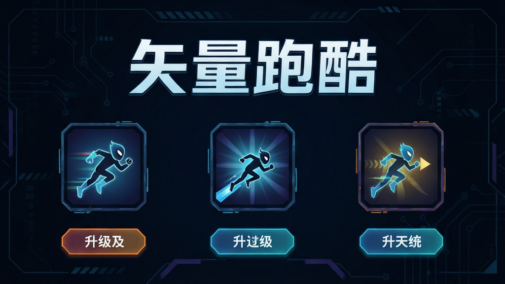 矢量跑酷技能升级界面,展示多个技能图标与升级按钮,背景为深色科技风格,画面中有