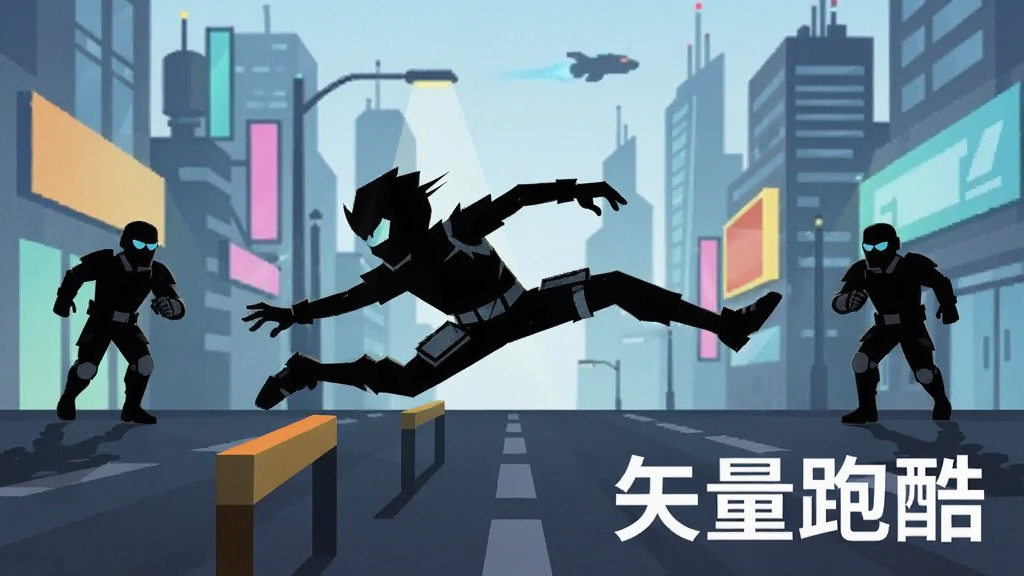矢量跑酷动作场景,黑色剪影角色正在滑铲穿越障碍,身后有守卫追赶,背景是未来都市街道,画面动态感强,标注
