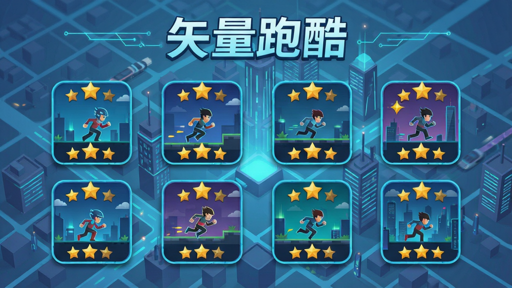 矢量跑酷关卡选择界面,展示多个关卡图标与三星评价,背景是未来城市地图,画面中有