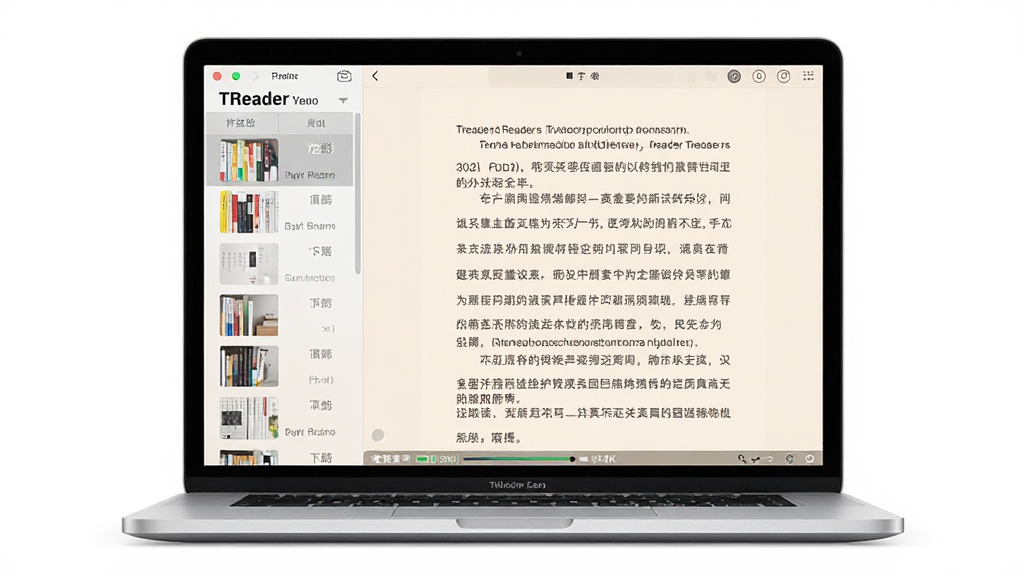 TReader阅读器软件界面全貌展示,主体为一台银色笔记本电脑屏幕,屏幕上显示TReader阅读器主界面,左侧为书架列表,右侧为打开的电子书正文页面,页面排版干净整洁,布局为居中构图,排版清晰层次分明,风格为现代简约科技风,细节包括浅色护眼背景、清晰的中文字体、底部状态栏显示阅读进度,画质为高清4K,干净无多余元素