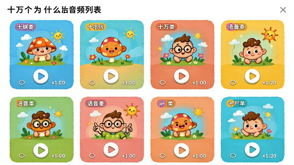 十万个为什么语音版音频列表页面,画面主体是一排彩色音频卡片整齐排列,每张卡片上有卡通插画和播放按钮,布局为纵向滚动列表,风格清新童趣,细节包含分类标签和时长标识,画质高清,干净无杂物