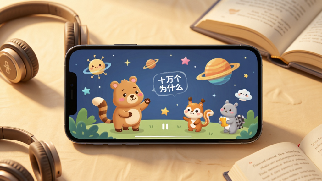 十万个为什么语音版移动端使用场景,画面展示一部手机横屏播放百科音频,屏幕中有卡通动物和星球插画,手机周围有耳机和书本点缀,布局为居中构图,风格为温馨童趣,细节包含柔和的暖色调光影,画质高清,干净无多余元素