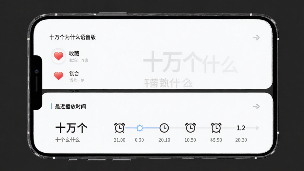 十万个为什么语音版收藏与播放记录页面,画面展示收藏夹列表和最近播放时间轴,主体为手机应用界面,布局分为上下两个模块,风格简约清新,细节包含心形收藏图标和时钟标记,画质高清,干净整洁