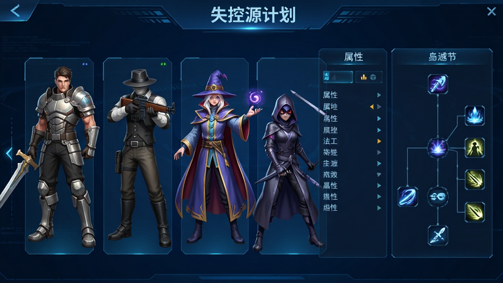 角色养成界面风格,画面中展示四位不同职业的角色立绘排列在左侧,右侧是属性面板和技能树界面,角色分别为剑士、枪手、法师和刺客造型,背景为深蓝色科技界面,画面顶部中央写着