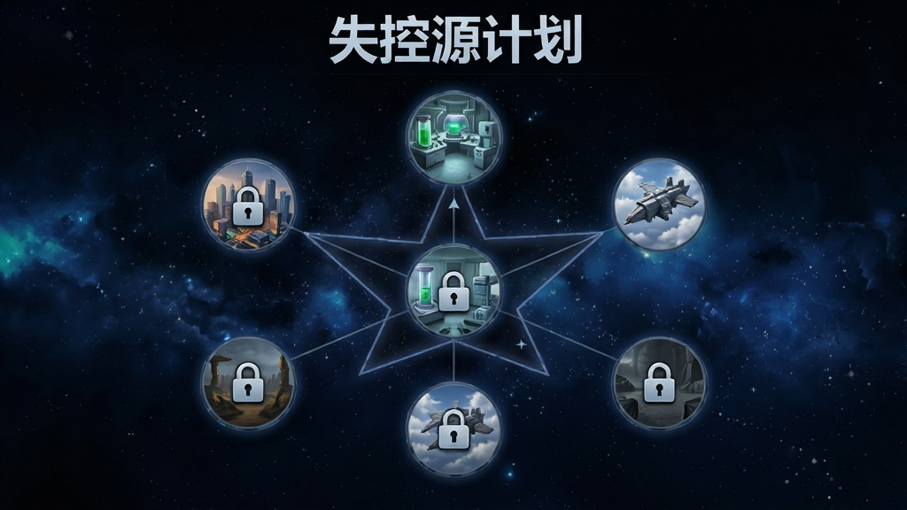 关卡选择界面风格,画面中展示多个关卡节点以星图形式排列,节点图标包括城市、实验室、天空堡垒等不同场景缩略图,部分节点带有锁形图标表示未解锁,背景是深邃的宇宙星空,画面正上方有