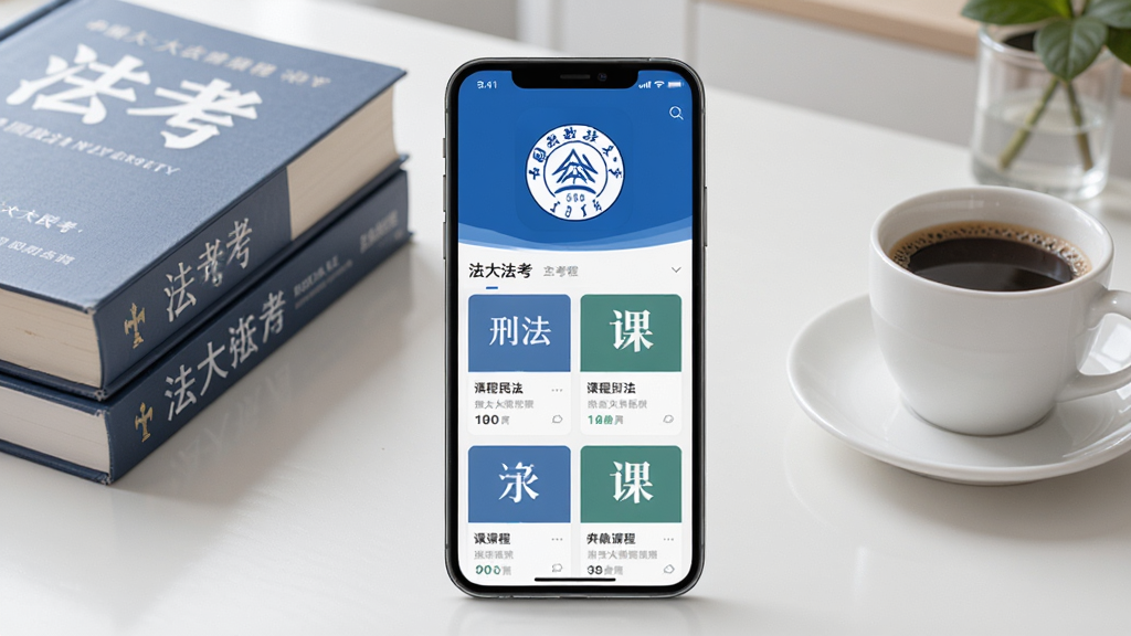 法大法考软件主界面展示,画面中央是一部智能手机,屏幕中显示法大法考APP的课程列表页面,顶部有中国政法大学校徽风格的蓝色图标,页面中排列着刑法民法等课程卡片,背景是整洁的书桌场景,桌上放着法考教材和一杯咖啡,整体风格为清新写实的数字产品展示图,光线明亮柔和,画质清晰干净,无多余元素