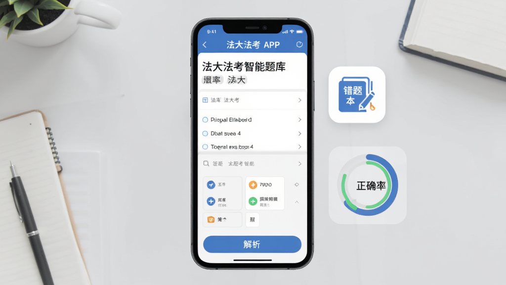 法大法考智能题库界面,画面展示手机屏幕中法大法考APP的做题页面,屏幕上半部分是题目和选项,下半部分是答题卡和解析按钮,旁边漂浮着错题本图标和正确率环形图,背景为淡灰色学习桌面,风格简洁扁平化,画质清晰锐利,无杂乱元素