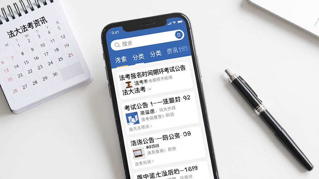 法大法考资讯页面展示,手机屏幕中显示法大法考APP的资讯列表,标题包括法考报名时间和考试公告等,页面顶部有搜索框和分类标签,背景为干净的白色桌面,旁边放着一本日历和一支笔,风格为清新资讯阅读界面,画质清晰明亮
