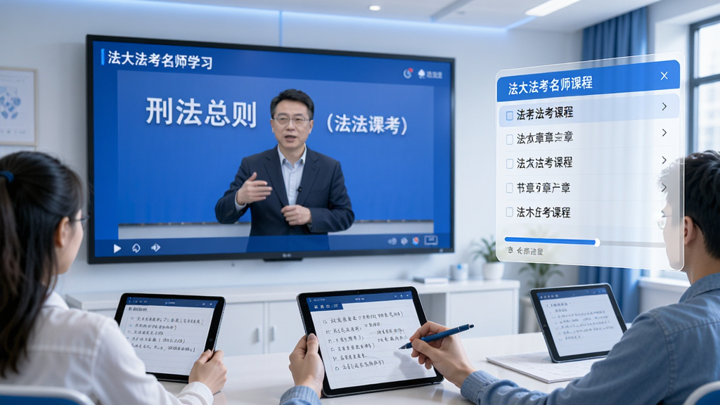 法大法考名师课程学习场景,画面主体是一间明亮的在线教室,前方大屏幕显示法大法考课程视频画面,屏幕中有讲师正在讲解刑法总则,下方有学生用平板电脑同步做笔记,画面右侧悬浮着课程章节列表和进度条,风格为现代教育科技感,色调以蓝白为主,细节丰富,画质高清干净