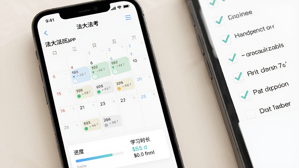 法大法考学习计划追踪界面,画面中手机屏幕展示法大法考APP的学习日历页面,日历上标注了每日任务完成情况,下方有进度条和学习时长统计,画面右侧有打勾的待办清单,风格为简约效率工具风,色调柔和,画质细腻干净