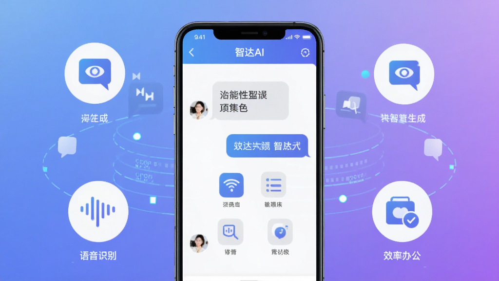 画面中央展示一部智能手机,屏幕内呈现“智达AI”应用的聊天交互界面与功能图标,背景为柔和的蓝紫渐变科技光效,周围环绕着代表智能问答、内容生成、语音识别、效率办公的抽象符号与数据流线条,整体布局简洁明快,风格为现代科技感扁平插画,细节清晰,画质干净,无多余元素