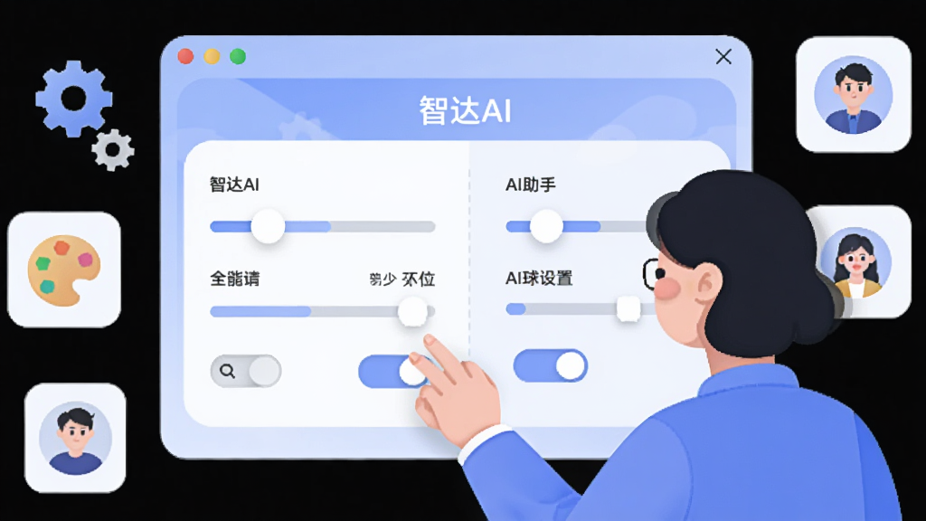 画面展示一个用户正在通过滑块和开关调整界面上的AI助手参数,屏幕中显示“智达AI”个性化设置面板,周围有齿轮、调色板、用户头像等图标,布局为左右分割,风格为柔和圆角扁平风,细节清晰,画质干净,无杂乱背景