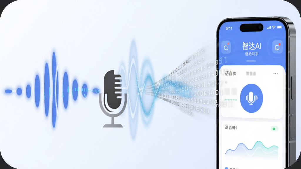 画面中央为一个声波图标与麦克风符号,声波转化为文字数据流进入手机界面,界面中显示“智达AI”语音助手交互状态,背景为浅色渐变,风格为现代UI风格插画,细节上声波有动态感,画质干净,无多余元素