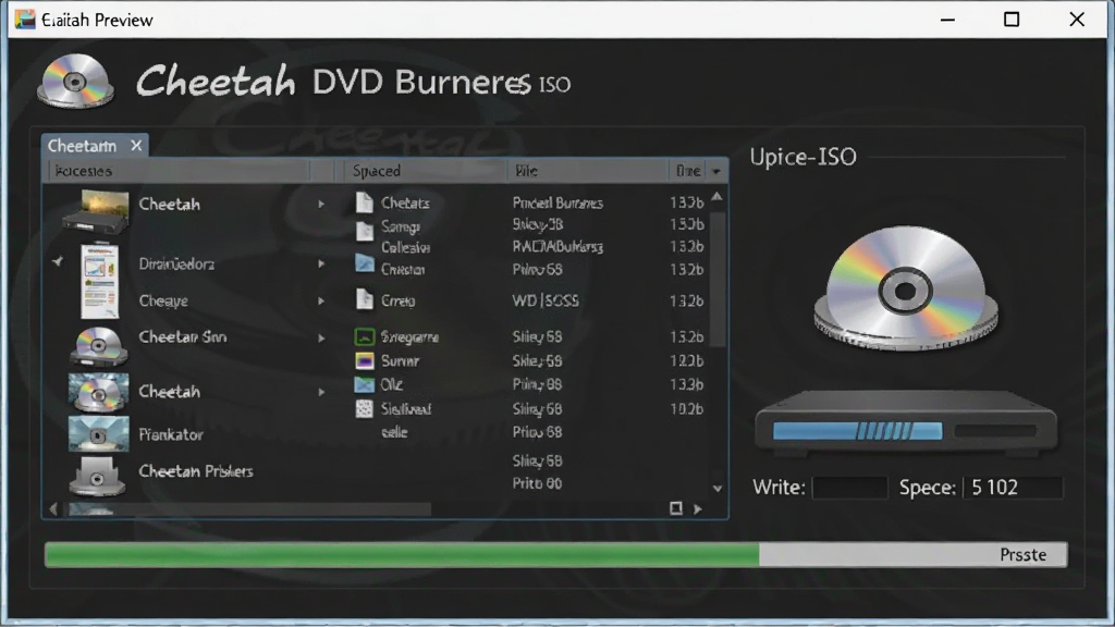 一张展示 Cheetah DVD Burner ISO 镜像制作与烧录功能的预览图,主体为软件界面中的 ISO 镜像操作窗口,布局居中,排版包含镜像文件列表与烧录进度条,风格为简洁商务风,细节有光盘驱动器图标与写入速度显示,画质清晰,干净,无多余元素