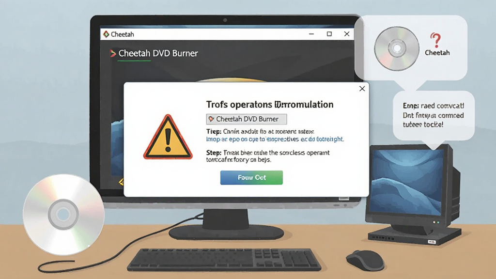 一张展示 Cheetah DVD Burner 新手操作注意事项的预览图,主体为电脑桌面上的软件运行界面与提示弹窗,布局居中,排版包含警告图标与操作步骤文字,风格为扁平化信息图,细节有光盘、电脑与提示气泡,画质清晰,干净,无多余元素
