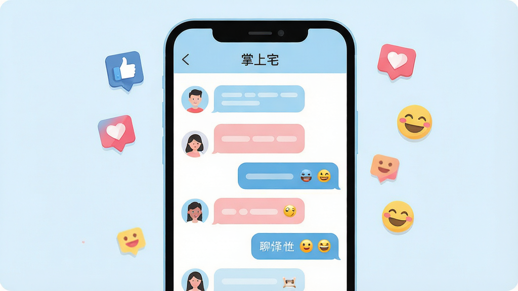 一张插画风格的图片,画面主体为“掌上宅”应用中的社交聊天界面,显示多个用户头像与彩色聊天气泡,气泡内包含文字和表情符号;布局为手机屏幕特写,屏幕周围环绕着点赞、爱心和笑脸图标;风格为现代扁平化设计,配色以浅蓝、淡粉和白色为主;细节清晰,画质干净,无多余元素。