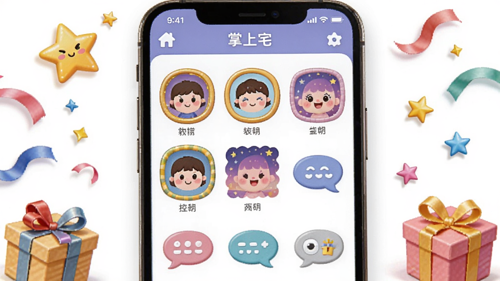 画面展示“掌上宅”应用内的个性化装扮商城界面,屏幕上排列着多种头像框、背景图和气泡样式;布局为手机界面平铺展示,周围散落着星星、彩带和礼物盒装饰;风格为卡通可爱风,配色鲜艳活泼;细节精致,画质清晰,背景干净无杂物。