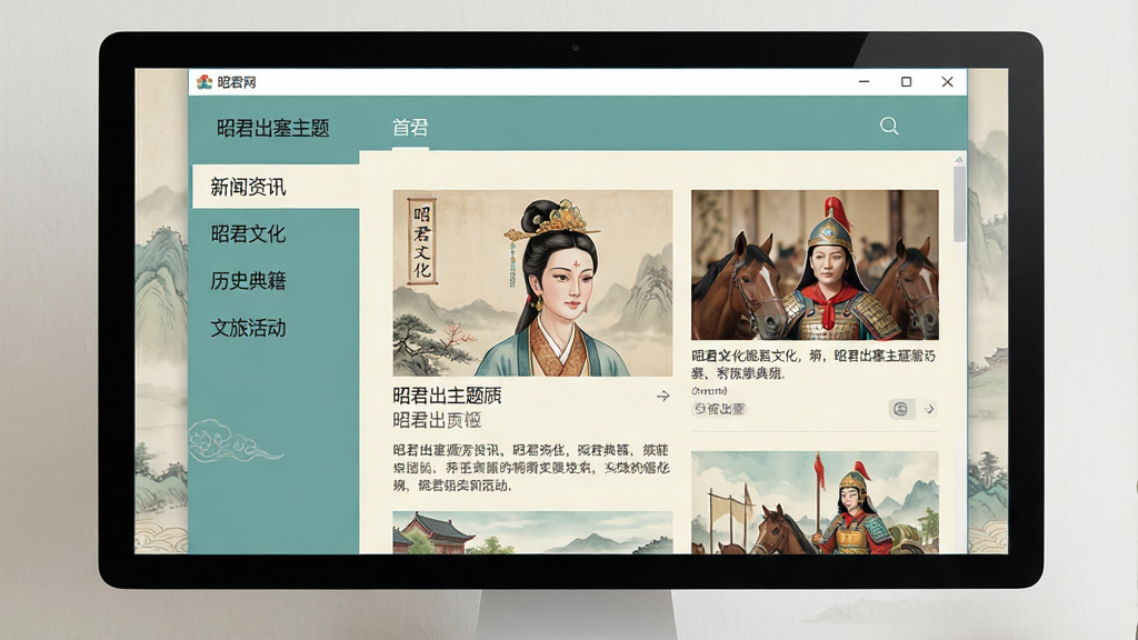 一张展示昭君网客户端软件主界面的电脑屏幕截图,画面中央是软件窗口,左侧为导航菜单栏包含新闻资讯、昭君文化、历史典籍、文旅活动等栏目,右侧为内容展示区呈现昭君出塞主题的图文资讯,整体配色以淡雅的中国风青色与米白色为主,界面干净整洁,布局清晰,风格简约大气,细节精致,画质高清,画面干净,无多余元素