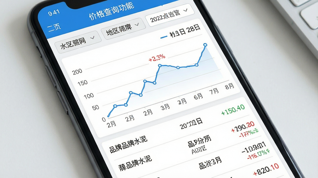 一张展示水泥网APP价格查询功能的界面截图风格图片,主体为手机屏幕中显示折线图和价格列表,布局上方为地区筛选标签,中部为价格走势折线图,下方为各品牌水泥报价列表,排版层次分明,风格为数据可视化商务风,细节包含涨跌百分比、日期坐标轴、品牌名称,画质高清干净无多余元素